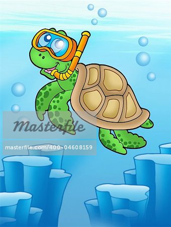 Sea turtle snorkel diver underwater - color illustration.
