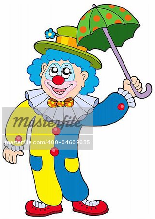 Funny clown holding umbrella - vector illustration.
