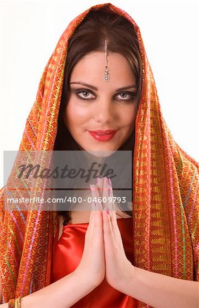 indian girl in red shawl on white background