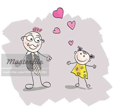 Doodle cute daughter and father. Vector Illustration.