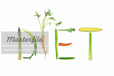 Vegetable selection spelling the word diet, isolated over white background.