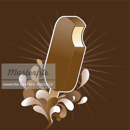 Delicious ice-cream bar with chocolate  glaze, isolated in a chocolate-colored background with milk and chocolate milk drops.