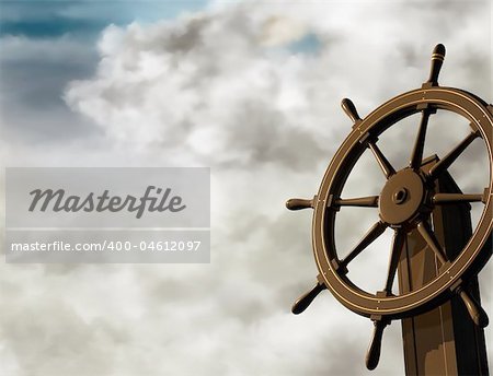 Illustration of a ships wheel at an oblique angle on a cloudy day