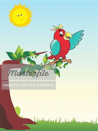 green garden background with parrot sitting on tree