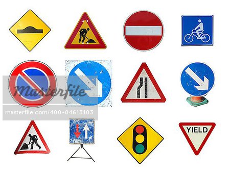 Range of traffic signs isolated including bump ramp, road works, no entry, bike lane, no parking, arrow, traffic light, yield give way