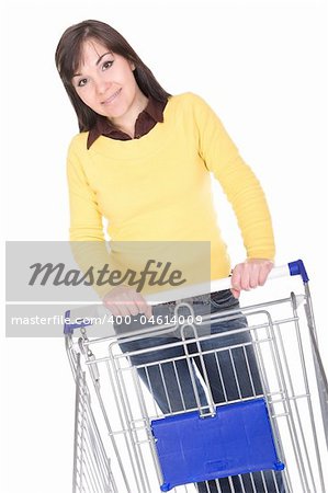 attractive brunette woman with shopping cart