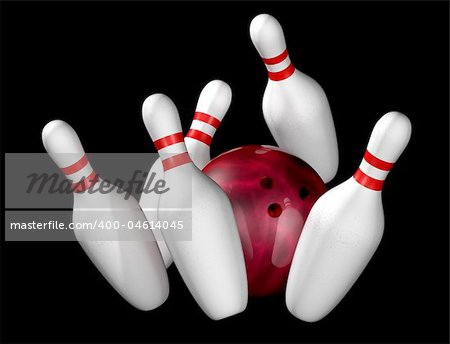 Illustration of bowling ball and pins isolated on black