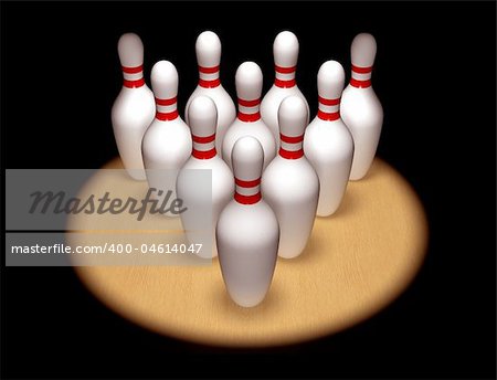 Illustration of ten bowling pins standing to attention in the spotlight