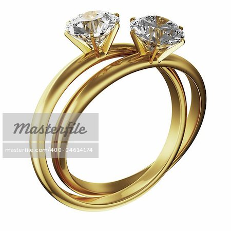 3d rendering of two gold diamond rings intertwined