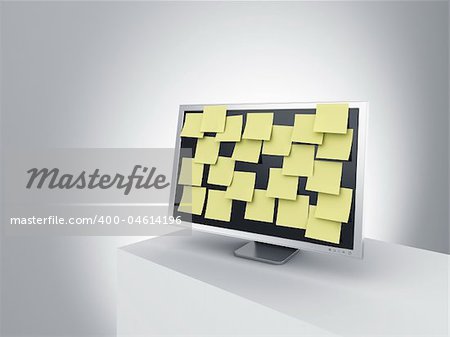 3d rendering of a computer monitor with postit notes on it standing on a podium.