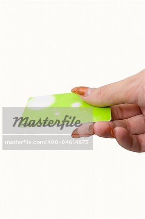 Female hand hold bonus card on white