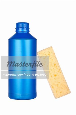 Plastic detergent bottle and sponge reflected on white background