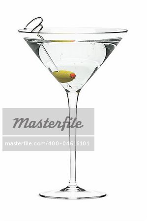 Martini with olive on fancy skewer, isolated on white. Includes pro clipping path.