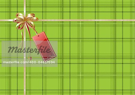 Vector illustration of green Scottish plaid gift wrapping with golden ribbon, bow and red empty tag