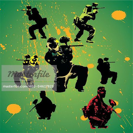 paintball players silhouettes with grunge drops, vector illustration