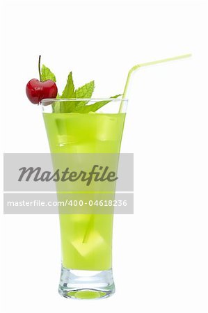 A glass of fresh lime juice with a cherry and mint on white background