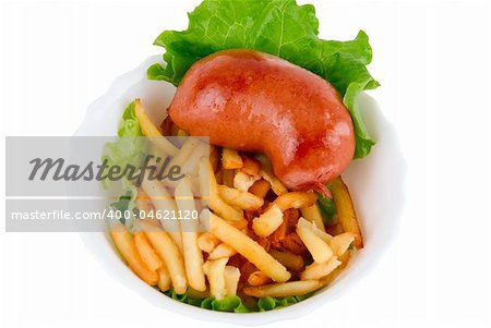 Close-up of Delicious sausages and French fried potatoes  on white