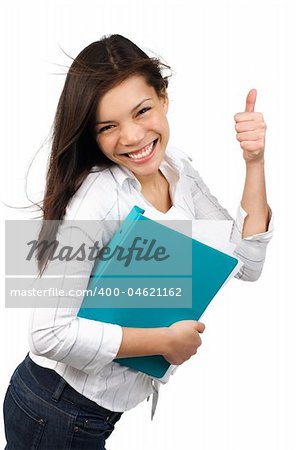 Happy and excited young university / college student giving thumbs up. Isolated on white background.