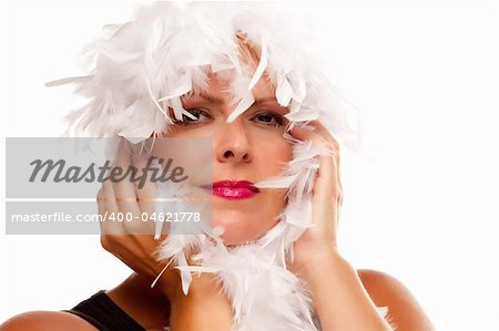 Pretty Girl with White Boa Isolated on a White Background.