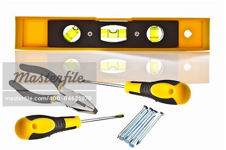 Yellow Spirit Level iwth tools and copy space