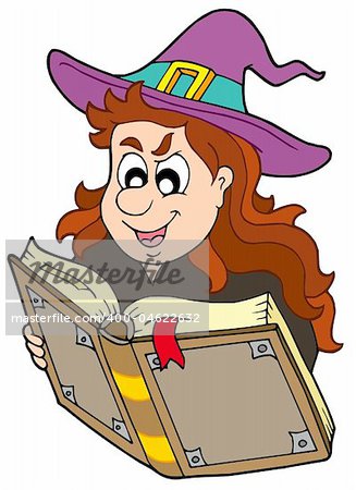 Wizard girl reading magic book - vector illustration.