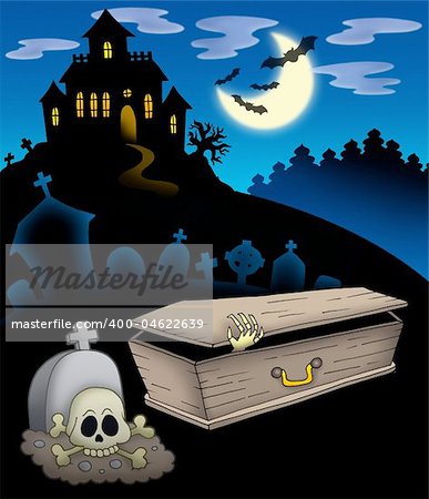 Cemetery with haunted house - color illustration.