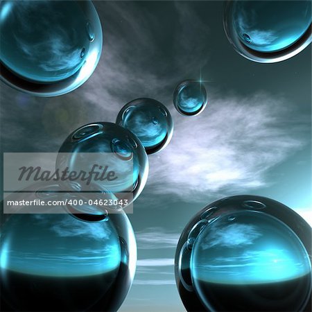 Cool abstract blue glass spheres against the horizon.