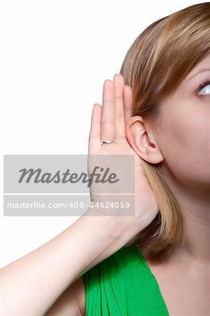 young blond woman listening to gossip isolated on white