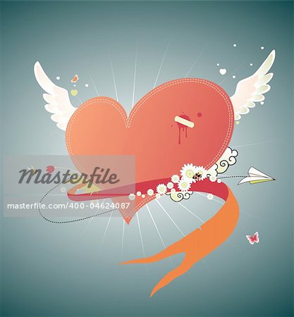 Vector illustration of Cool funky red heart flying in the sky. Great for Valentine?s Day and wedding postcards