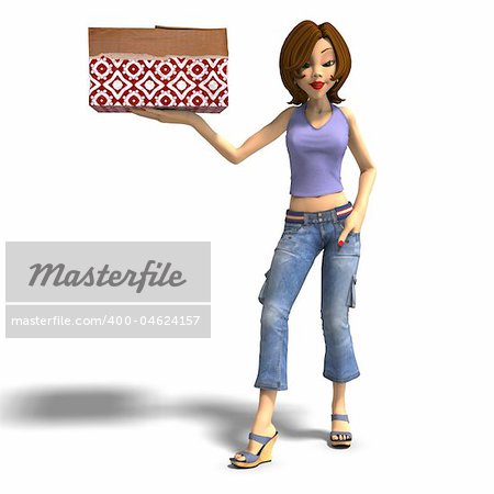 young toon girl with a gift. 3D render with clipping path and shadow over white