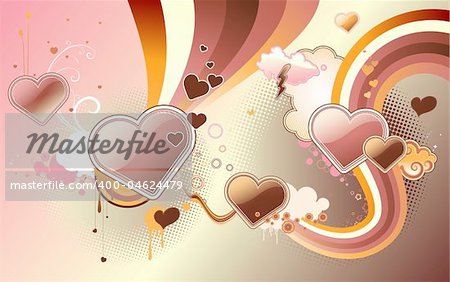 Vector illustration of funky styled design background made of heart shapes, rainbow shapes and floral elements