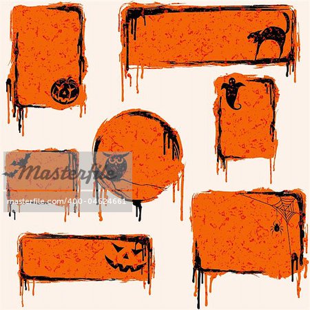 7 orange, grungy banners and buttons with a halloween theme. Graphics are grouped and in several layers for easy editing. The file can be scaled to any size.