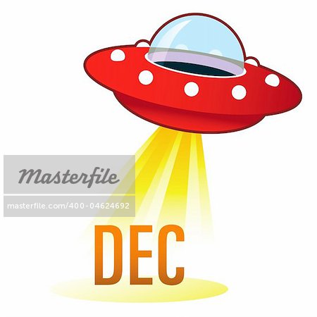 December calendar month icon on retro flying saucer UFO with light beam. Suitable for use on the web, in print, and on promotional materials.