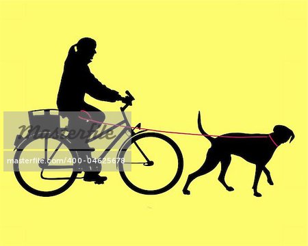 Woman on bicycle with dog on leash