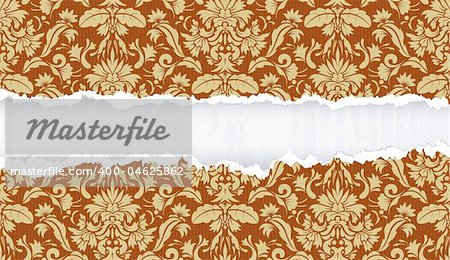 Vector illustration of Ornate floral Decorative wallpaper background with ripped paper and grunge elements.