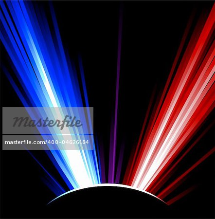 Red and blue rays on black background