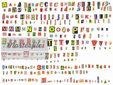 Alphabet newspaper uppercase, lowercase, numbers and symbols cutouts isolated on white. Mix and match to make your own words