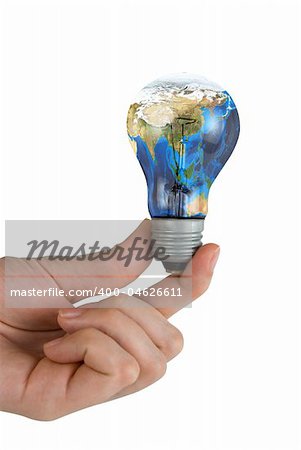 Hand holding Earth-Bulb isolated on white