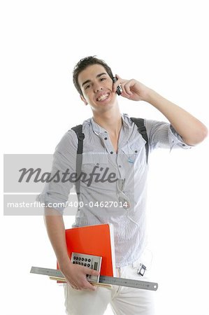 Handsome student talking mobile cell phone isolated on white