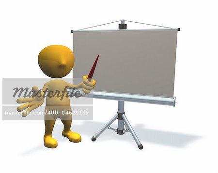 3d character standing with presentation equipment or screen