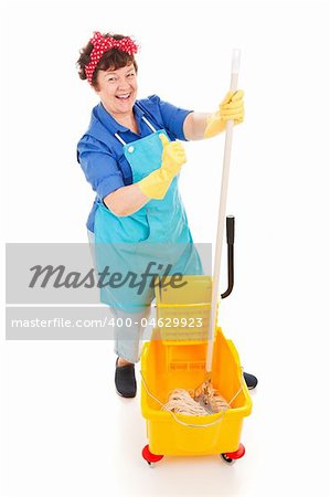 Happy, confident cleaning lady with her mop and bucket.  Isolated on white.