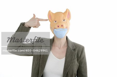 Swine flu metaphor, woman with piggy mask and finger gun