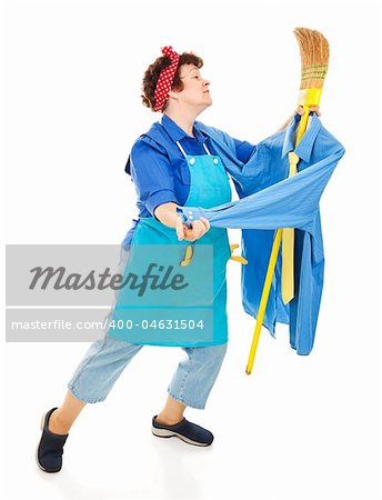 Lonely housewife or maid dancing with her broom, imagining it is a man.  Full body isolated on white.