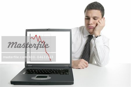 Businessman with laptop computer, bad news, isolated on white