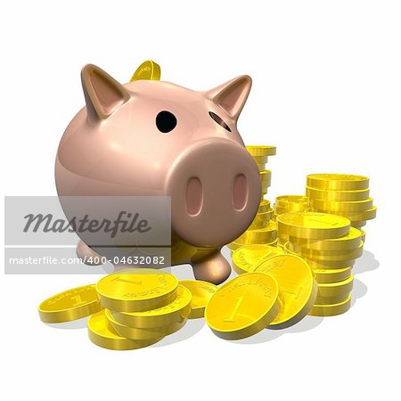 3d rendered illustration of a cartoon piggybank with gold coins