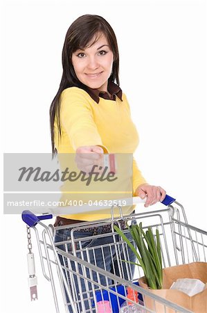 happy young brunette woman with shopping cart