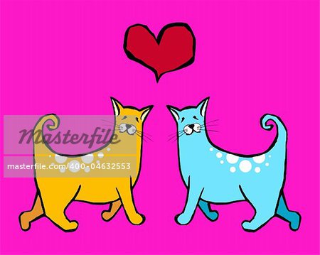 Couple of cats in love. Red heart above them on pink background