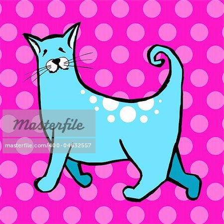 Cute cat with curly tail on light blue and pink background. Vector avaliable