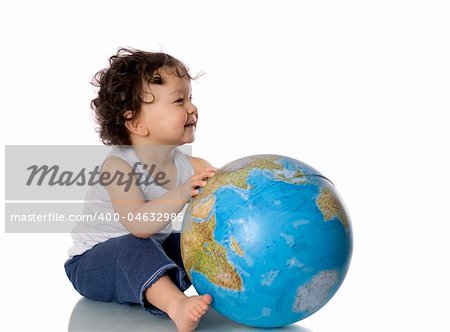 Baby with globe, isolated on a white background.