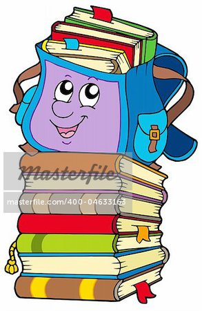 Cute school bag on pile of books - vector illustration.